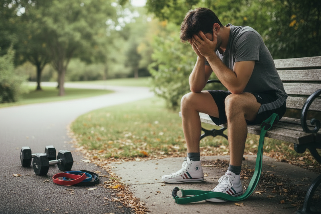 Upset person outdoors with dumbbells and resistance bands